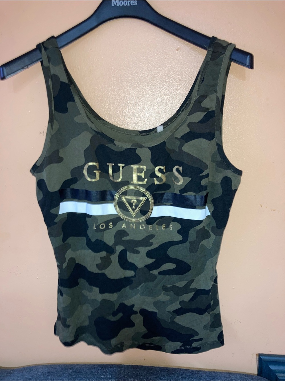 GUESS Camo Tank Top with Gold Logo and White Stripe